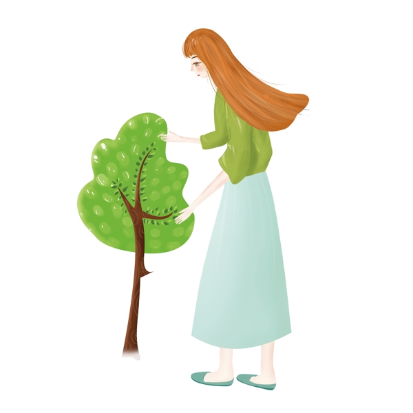 卡通植樹少女人物png元素