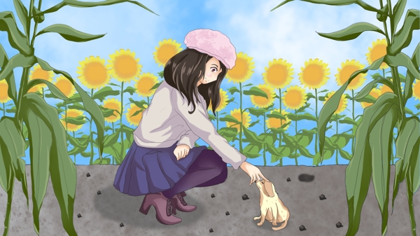治愈系插画向日葵园里的女孩和小狗