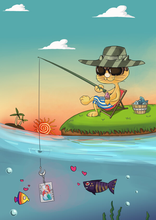酷猫漫画钓鱼手绘原创图片
