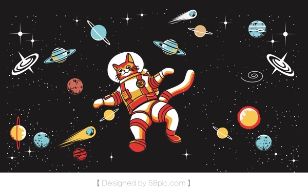 太空猫趣味插画Ai矢量