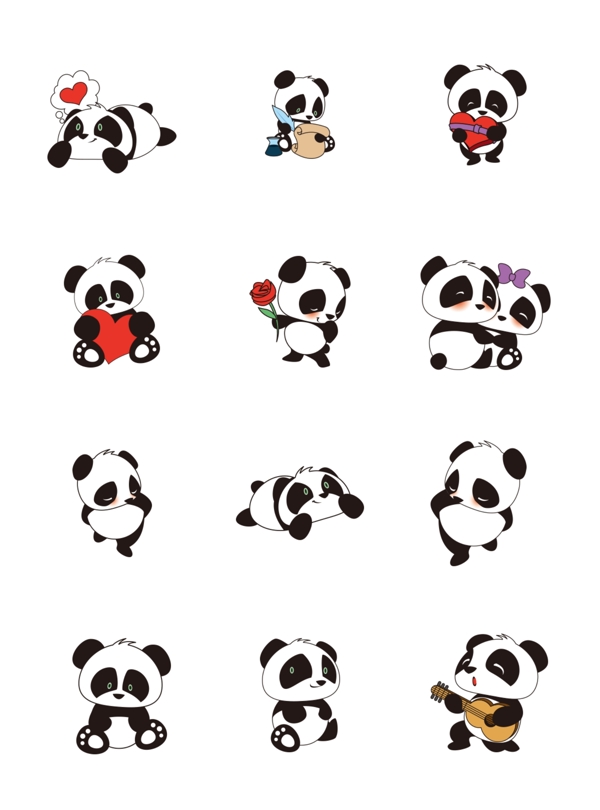 熊猫素材卡通元素装饰图案集合设计模板
