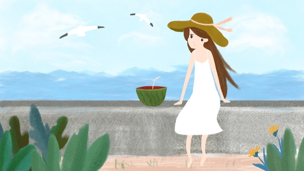 原创插画大暑看海女孩手绘海边海边吃西瓜