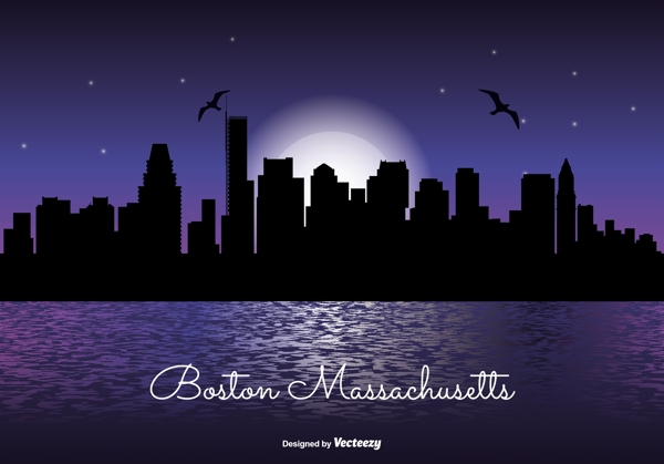 马萨诸塞州天际线夜景插画设计