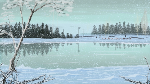 手繪小清新冬季河邊雪景背景