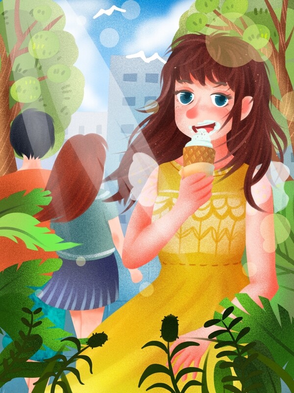 立夏节气穿裙子吃冰激凌的女孩清新插画