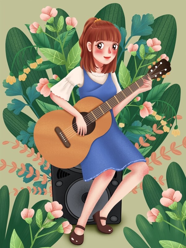 青年节在花丛中弹吉他的少女原创插画