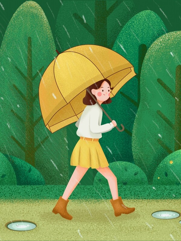 中国气象日清新雨天噪点插画撑伞女孩