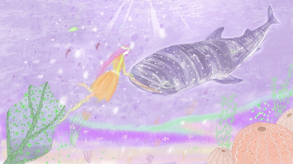 梦幻少女与鲸鱼海底世界漫游壁纸