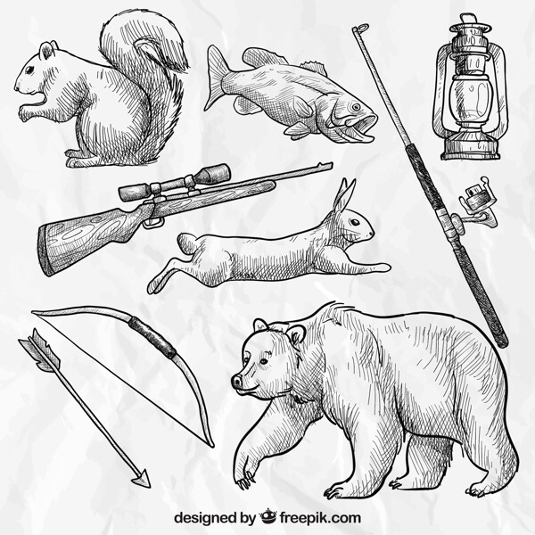 粗略的森林动物和狩猎的武器