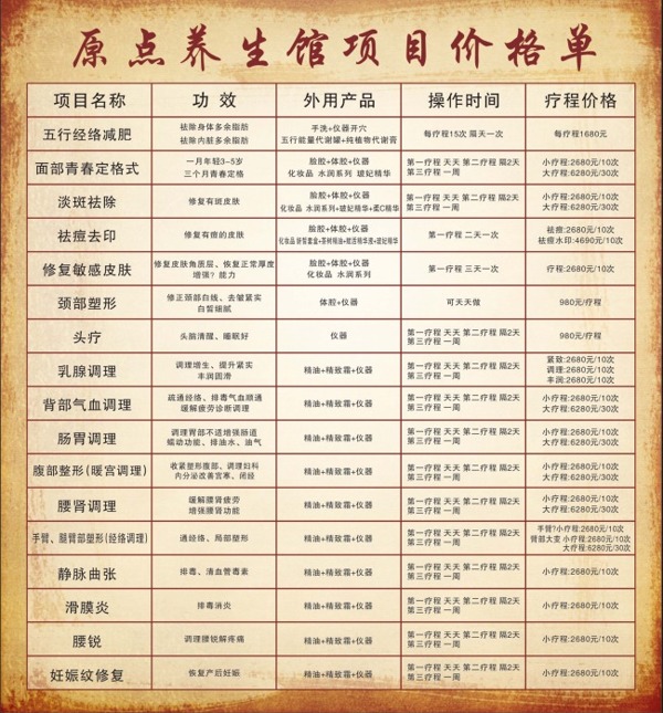 美容價目表