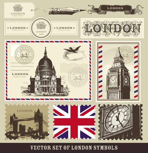 邮票伦敦象征物矢量素材图片