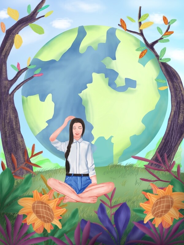 女生与自然原创地球日插画