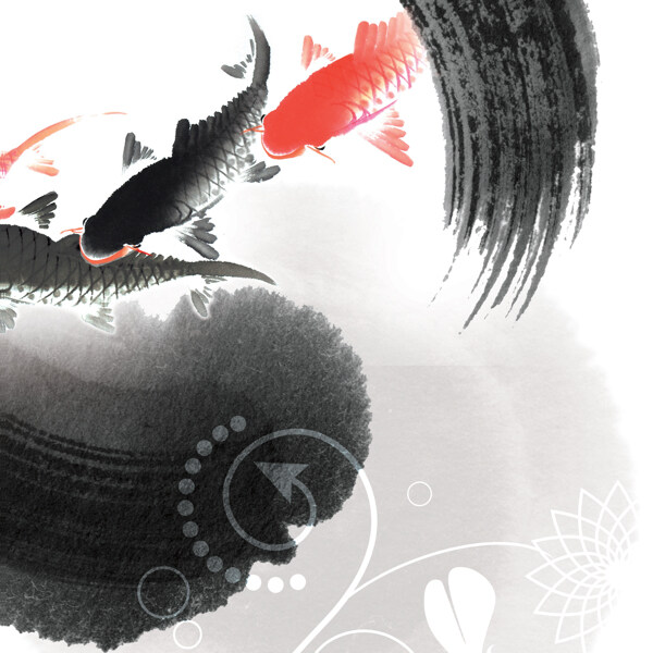 中國(guó)風(fēng)墨跡與錦鯉等無(wú)框畫(huà)高清圖片