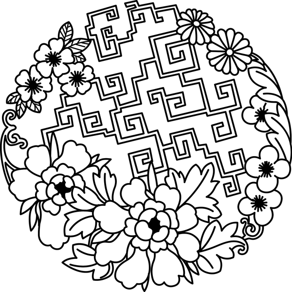 印花矢量圖牡丹花色彩黑白色免費(fèi)素材