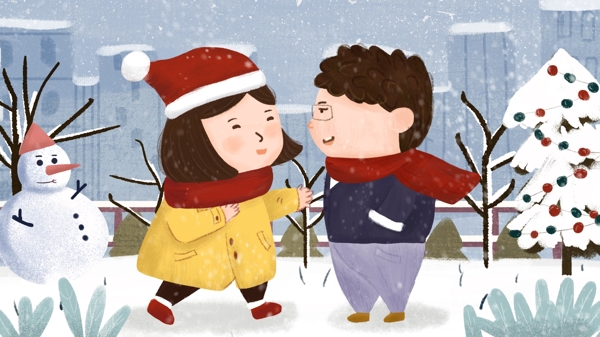 冬天下雪场景男女情侣温暖拥抱插画手绘原创