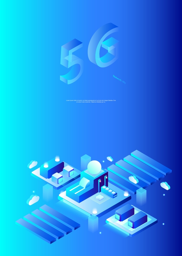 蓝色现代立体声5G网络通信海报
