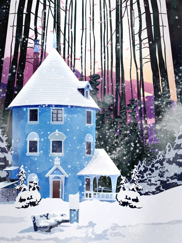 手绘写实风景图之初雪冬季风景林中蓝色小屋