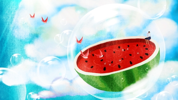 小清新夏天飛天西瓜原創(chuàng)插畫
