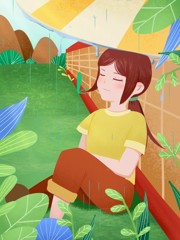 绿色清新谷雨节气女孩睡着插画草地