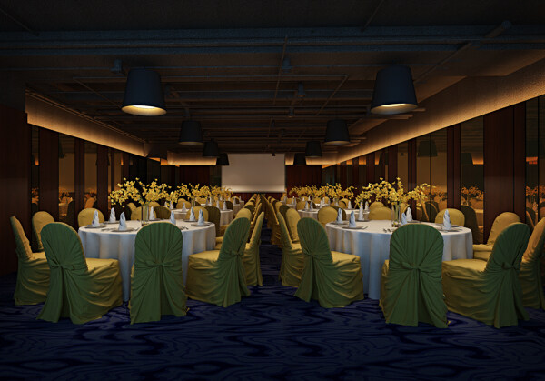 现代时尚酒店餐区黄色椅子工装装修效果图