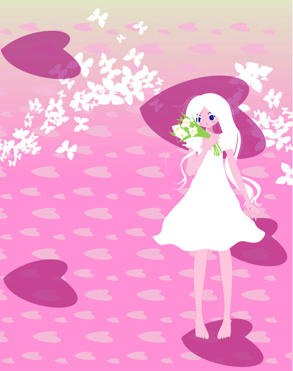卡通女孩愛心蝴蝶粉色移門圖片