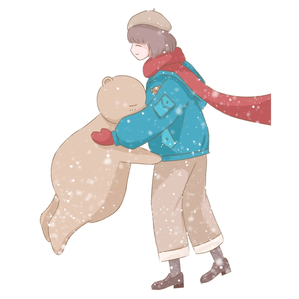 冬季大雪中抱着熊的女孩治愈系设计