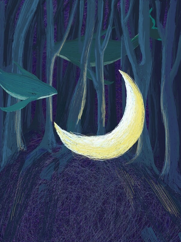 晚安世界唯美月亮树林插画背景