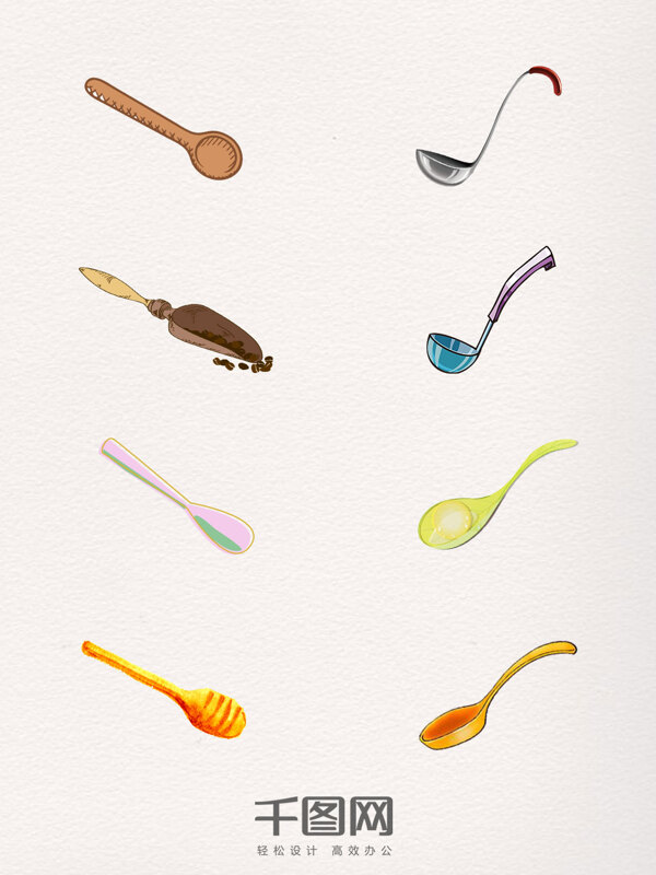 8款手绘风格不同种类的勺子