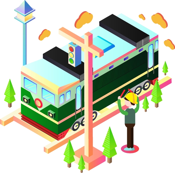 原创2.5D风格交通工具绿皮火车商用元素