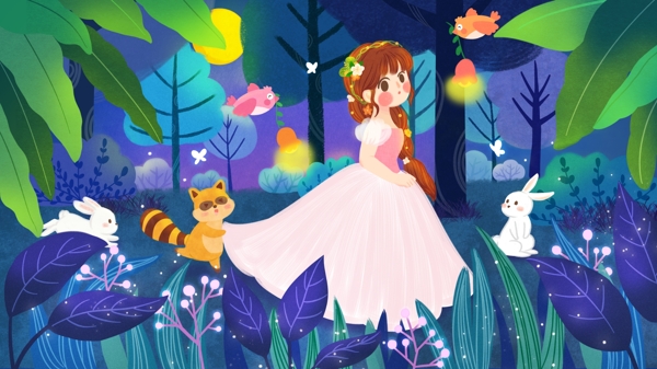 唯美治愈奇幻森林夜行的公主手绘插画