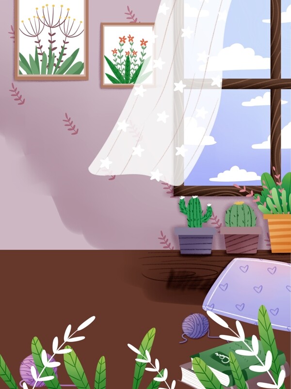 夏季家居盆栽植物壁画背景设计