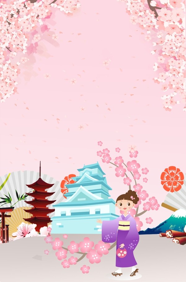 日本旅行粉色樱花日本女孩卡通广告背景