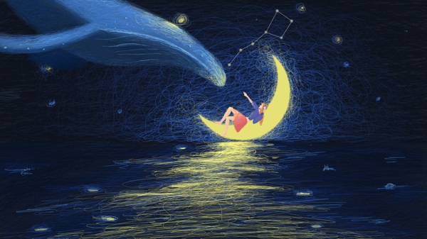 線圈插畫(huà)星空治愈系月亮鯨魚(yú)小女孩