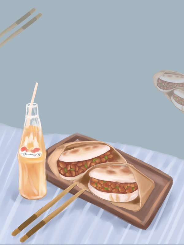 手绘肉夹馍早餐背景素材