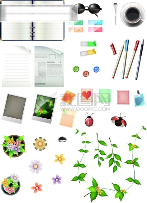 樹葉花朵辦公用品筆記本日記本筆花邊報紙矢量分層素材源文件韓國花紋圖庫