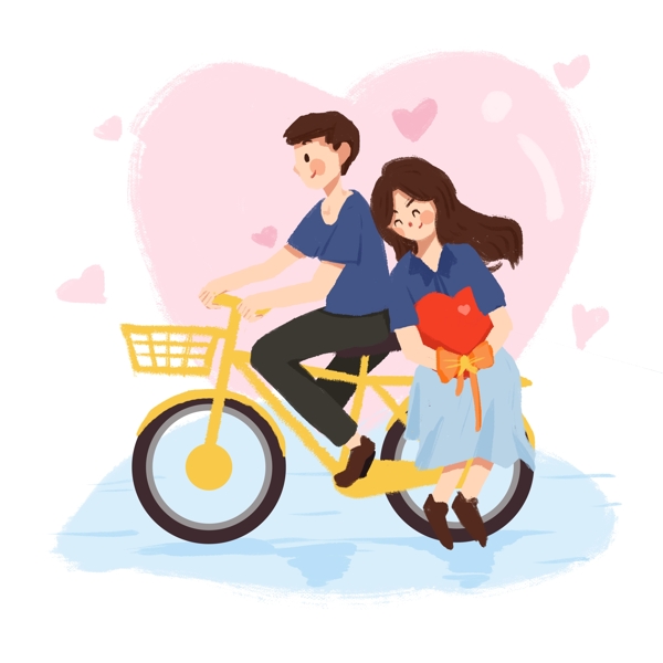手绘情人节骑自行车插画