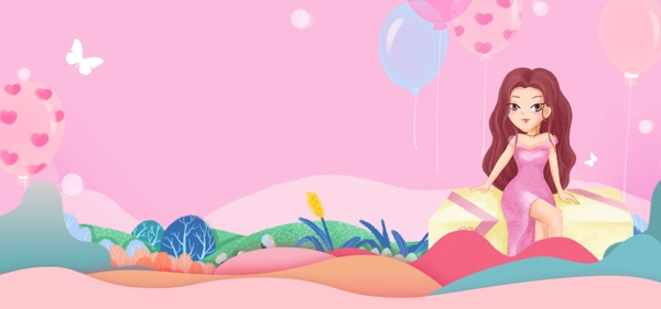 妇女节女生节小清新气球手绘植物电商海报