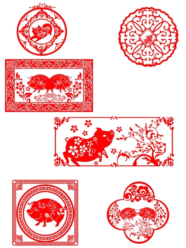 中国风红色喜庆猪元素剪纸