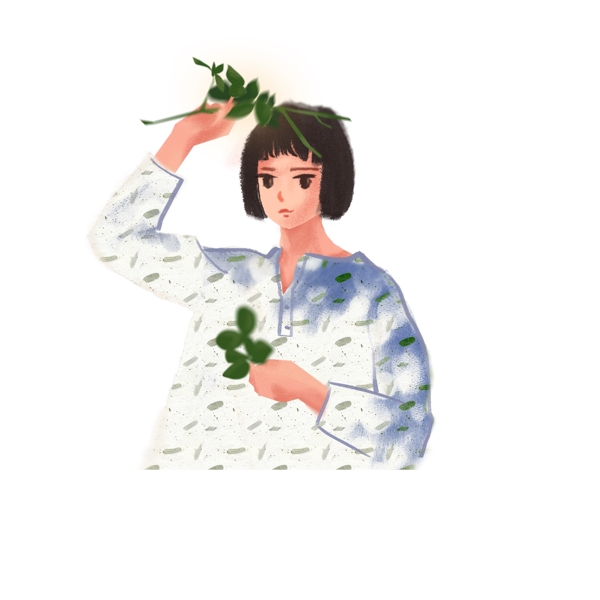 手拿綠葉遮陽(yáng)的清秀女孩卡通元素