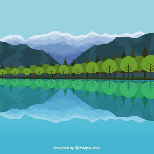 与树木的湖泊反映在平坦的风格