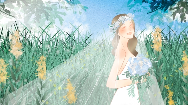 小清新浪漫草丛中穿婚纱的新娘