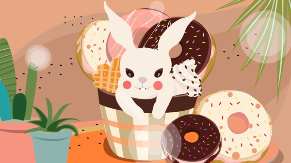 早安世界甜点与兔子手绘插画