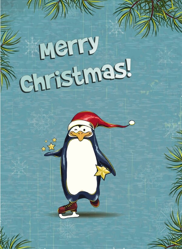 圣诞节插画矢量与企鹅和FIR框架