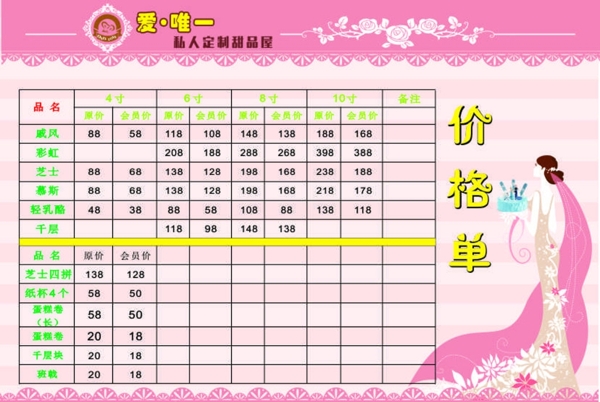 蛋糕價(jià)格表圖片
