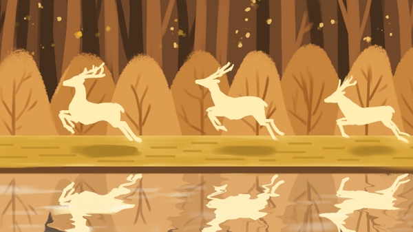 秋天你好系列在河边奔跑的鹿插画海报配图