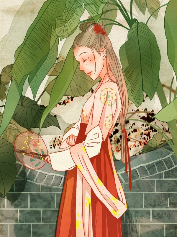 国潮复古中国风芭蕉树下的少女