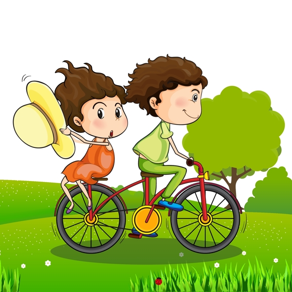 一辆自行车踏板绿色树木橙色的帽子