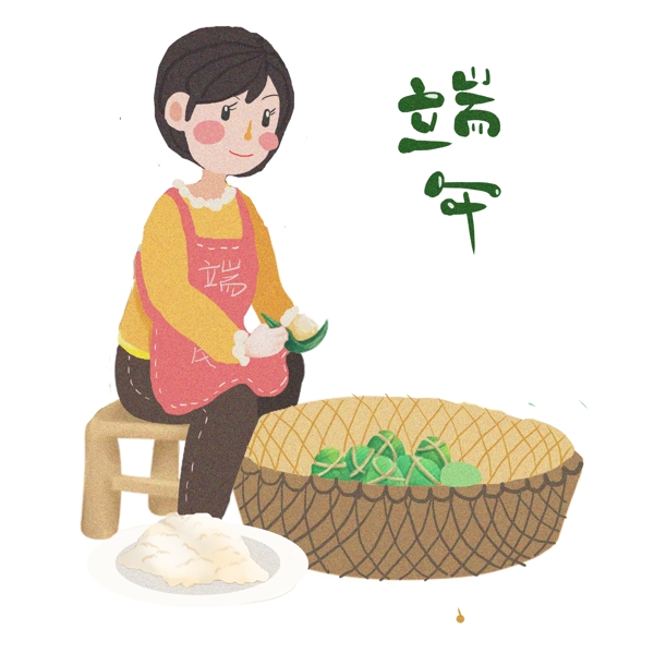 端午节包粽子的女孩手绘插画
