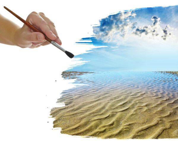 手绘沙滩风光素材图片