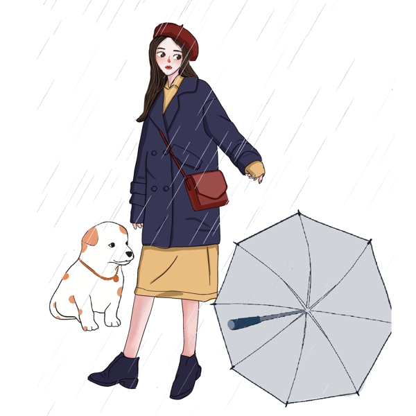 手绘清新下雨天一个少女人物设计